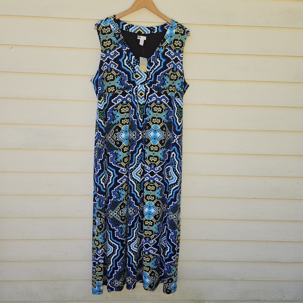 Chico's Maxi Dress Womens 4 (XXL) Blue Stretch V Neck Beachy Comfy Empire Waist